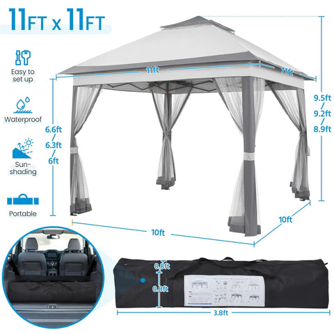Easy Up 11x11 Pop Up Gazebo Shelter With 4 Sandbags, Instant Patio Canopy Tent, 2 Tier Roof, Mesh Netting, Ventilated Sides, Gray