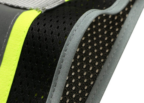 Close-up of mesh fabric and reflective trim on Men's Black High Visibility Safety Vest With Zip Front And Cargo Pockets Class 2 Reflective Work Vest Job Site Ready Crew Approved Ansi Compliant Utility Gear Built Tough.
