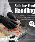Black Nitrile Work Gloves Deliver Badass Heavy Duty Protection With A Raised Diamond Pattern For Sick Non Slip Grip Perfect For Auto Repair Plumbing And Garage Projects Requiring Tough Armor For Daily Hustle Workers handling raw chicken in a kitchen.
