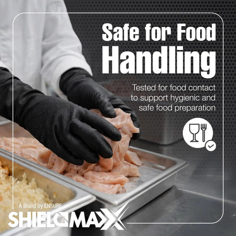Black Nitrile Work Gloves Deliver Badass Heavy Duty Protection With A Raised Diamond Pattern For Sick Non Slip Grip Perfect For Auto Repair Plumbing And Garage Projects Requiring Tough Armor For Daily Hustle Workers handling raw chicken in a kitchen.