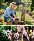 Mother and child using 10 Piece Womens Garden Tool Gift Set With Floral Organizer Bag Rust Proof Heavy Duty Tools In Pink