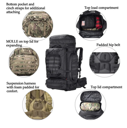 Beefed Up Large Military Style Backpack 70L Tactical Rucksack With MOLLE System For Camping Hiking Hunting And Travel Rugged 1000D Polyester