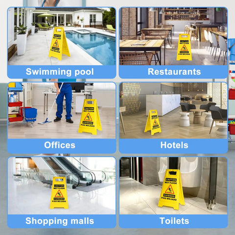 2 Pack Must Have Fold Out Wet Floor Sign Set placed in various locations like swimming pool, restaurant, office, hotel, mall, and toilet.