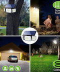 Solar Backyard Flood Lights With 6000mAh Battery, Dual Motion Sensor, waterproof construction shown in various outdoor settings