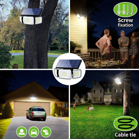 Solar Backyard Flood Lights With 6000mAh Battery, Dual Motion Sensor, waterproof construction shown in various outdoor settings