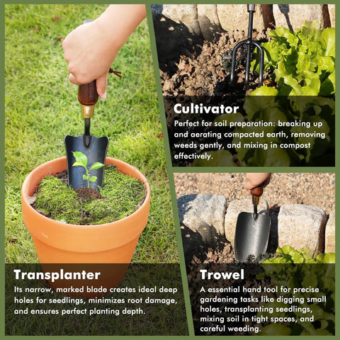 3-In-1 Heavy Duty Garden Tools Kit With Carbon Steel Trowel Transplanter And Cultivator, Ergonomic Wooden Handles In Use