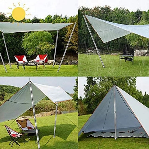 Adjustable Telescopic Tarp Poles For Camping And Hiking setup with tarp shelter on grass, lightweight stainless steel poles visible