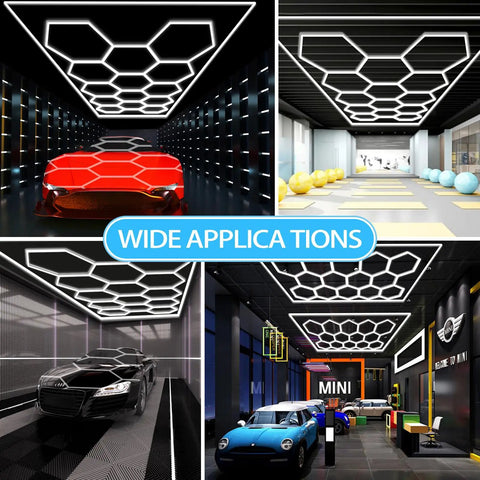 Hexagonal LED Garage Light 12 Pack 210W 21600 Lumens Ultra Bright Beast Mode 5000K in various room settings