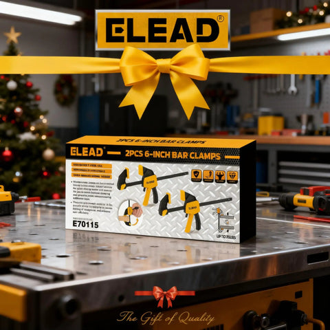 Package of Two 6 Inch Mini Bar Clamps For Woodworking Set With One-Handed F Clamp And Spreader, 75 Lbs Load Capacity, on workbench