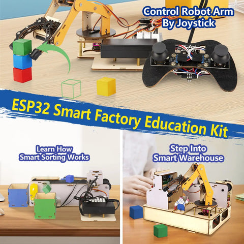 IoT STEM Kit For Kids And Teens, Smart Factory Starter Pack For Arduino ESP32, Learn Electronics And Programming With Real World Automation Projects, Compatible With Arduino Scratch, Robotic Arm, Sorting System, Smart Warehouse, 10 Plus, ESP32 joystick-controlled robot arm sorting cubes