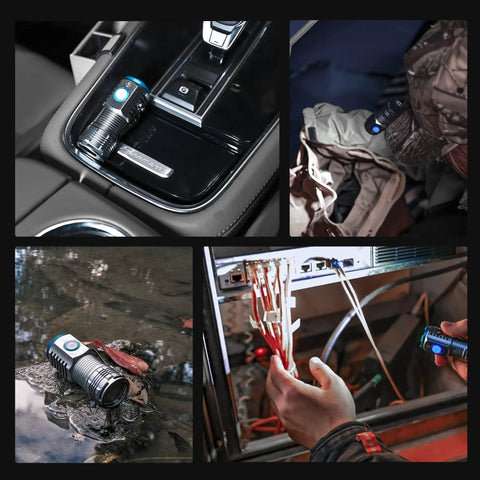 Beefy 1100 Lumen Pocket Flashlight With 4 Modes in car, on camping gear, near water, and used for repairs.