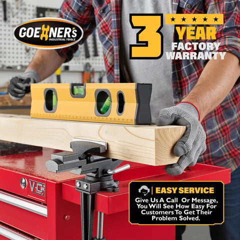 Dual-Purpose Combined Universal Vise With 360 Degree Swivel Base Clamp securing wood on red workbench with level tool
