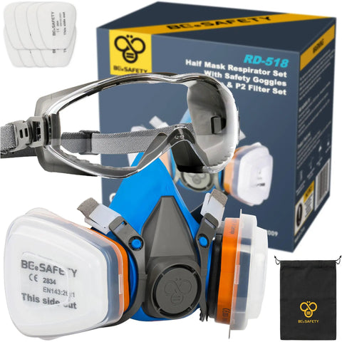 Half Face Respirator Mask Kit With Safety Goggles, Reusable RD518 For Painting, Dust, Gas And Chemicals, Includes 2 A1 Filters