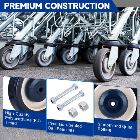8 Pack 5 Inch Shopping Cart Replacement Wheels Kit with heavy duty polyurethane wheels, axle bolts, lock nuts, smooth rolling