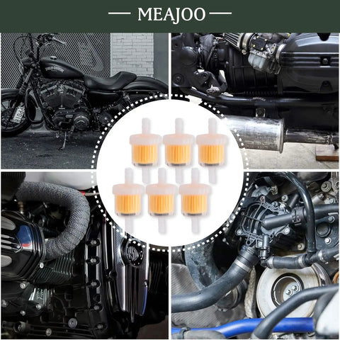 Set Of 6 One Quarter Inch Gas Inline Fuel Filters With Magnets surrounded by motorcycles and engine parts