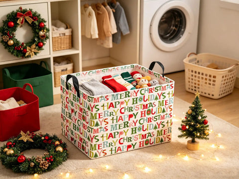 Slick Rectangular Storage Basket Waterproof Canvas Bin Collapsible Christmas Gift Organizer And Room Decor with festive prints.