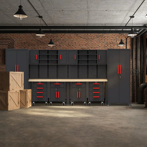 Ultimate Garage Gear Up Storage System with lockable steel cabinets, rolling tool chests, 52 inch workbenches, and pegboard