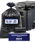 Heavy Duty 95 To 96 Gallon Black Garbage Liners 1.5 Mil Tear Resistant Trash Bags For Rollaway Carts 61 By 68 Inch Beast Mode Industrial Waste Sacks 25 Pack with trash can and bag.