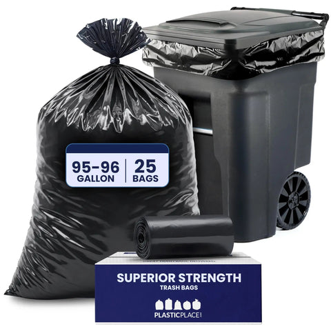 Heavy Duty 95 To 96 Gallon Black Garbage Liners 1.5 Mil Tear Resistant Trash Bags For Rollaway Carts 61 By 68 Inch Beast Mode Industrial Waste Sacks 25 Pack with trash can and bag.