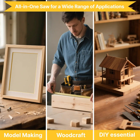 Collage showcasing 4 Piece Miter Box And Pull Saw Set with hobbyist projects like picture frames, woodcraft, and model houses.
