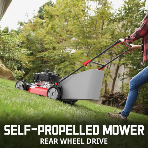 Self Propelled 21 Inch Gas Lawn Mower With 170cc OHV Engine in use on grass, showing rear wheel drive system