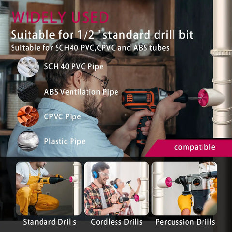 Man using Pro Grade PVC Pipe Reamer Kit with Aluminum Heads on standard 1/2 inch drill for CPVC and ABS pipes
