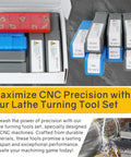 Box of Pro Grade Indexable Lathe Turning Tool Kit with 21 pieces including 7 tool holders and 14 carbide inserts on a tile floor