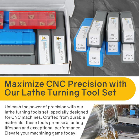 Box of Pro Grade Indexable Lathe Turning Tool Kit with 21 pieces including 7 tool holders and 14 carbide inserts on a tile floor
