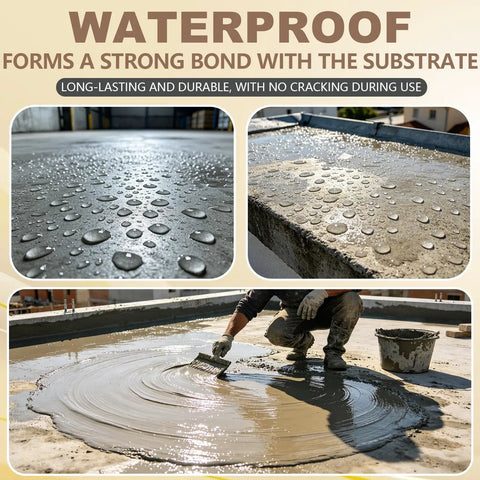 Heavy Duty Polymer Cement Concrete Waterproof Coating Stops Leaks Cold On Roofs And Basements Fast Drying 16 Oz sealant applied on concrete.