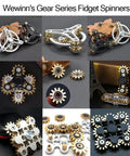 Brass Gears Linkage Fidget Spinner With Aluminum Frame And 13 Bearings Delivers Smooth Long Spin Time Of 2 To 4 Minutes For ADHD Focus Meditation And Breaking Bad Habits Black Finish 4 Inch EDC Spinner Weighs 141.7 Grams, shown in multiple designs and finishes.