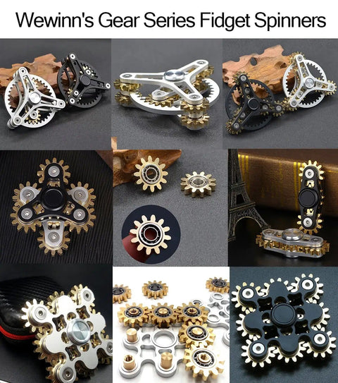 Brass Gears Linkage Fidget Spinner With Aluminum Frame And 13 Bearings Delivers Smooth Long Spin Time Of 2 To 4 Minutes For ADHD Focus Meditation And Breaking Bad Habits Black Finish 4 Inch EDC Spinner Weighs 141.7 Grams, shown in multiple designs and finishes.