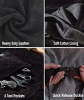 Heavy Duty Leather Welding Apron With Heat and Flame Resistant Protection featuring material details, 6 tool pockets, and buckle.