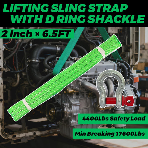 Lift Sling Straps 2 Inch By 6.5 Foot Web Sling Set With D Ring Shackles lifting an engine, 4400 Lbs safe load