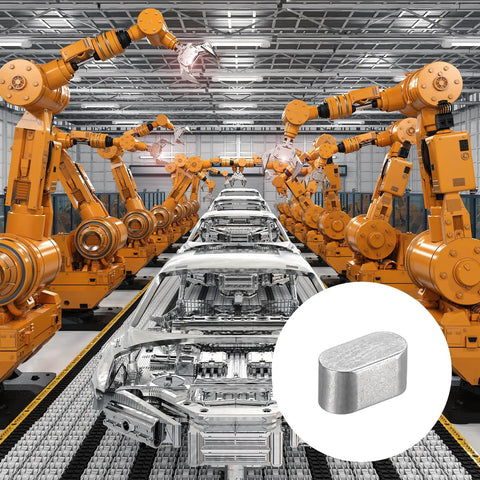 Automated car assembly line with robotic arms in a factory, inset image of Round Ended Feather Key Set, 10 Pcs Stainless Steel Shaft Key Stock 4x4x8mm for Fasteners and Mechanical Projects, Pro-Grade Rustproof, Durable Parallel Drive Keying for Motors and Machinery.