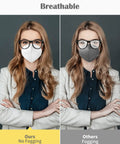 Side-by-side comparison of woman wearing KN95 Face Mask 5 Ply Disposable Respirator Pack Of 30 For Adults White with antifogging feature.
