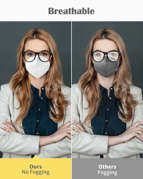 Side-by-side comparison of woman wearing KN95 Face Mask 5 Ply Disposable Respirator Pack Of 30 For Adults White with antifogging feature.