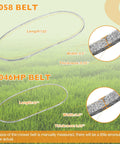 Lawn Mower Blade Set For 60 Inch Finish Cut Mowers Replacement 9037 Blades With Twenty Point Five Inch Length And 5058 V Belt Plus 6046 Mower Belt 122 Inch And 47 Inch Belts Compatible With Swisher FC Series, showing 5058 belt 122" and 6046 belt 47" with measurements on grass background.