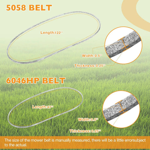 Lawn Mower Blade Set For 60 Inch Finish Cut Mowers Replacement 9037 Blades With Twenty Point Five Inch Length And 5058 V Belt Plus 6046 Mower Belt 122 Inch And 47 Inch Belts Compatible With Swisher FC Series, showing 5058 belt 122" and 6046 belt 47" with measurements on grass background.