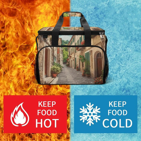 Insulated Picnic Backpack Tote Bag 30L Large Capacity Italy Street Cooler Bag With Leakproof Waterproof Design on fire and ice background