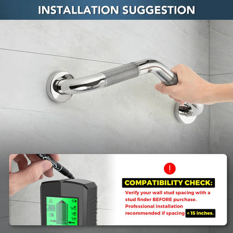 Installation suggestion for Angled Shower Grab Bar 1-1/4 By 16 Inch Knurled Stainless Steel Safety Bar showing wall placement.