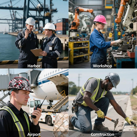 Workers with Full Brim Vented Hard Hat For The Job Site, Heavy Duty Construction Helmet With 6 Point Suspension in various settings.