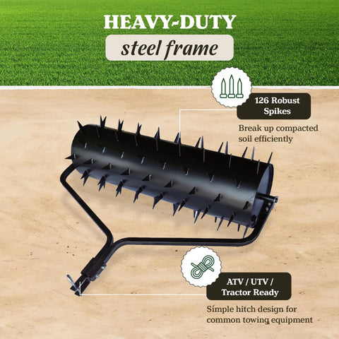 60 Inch Drum Spike Aerator Tow Behind Lawn Roller Attachment For ATV UTV And Riding Tractors With 126 Heavy Duty Spikes