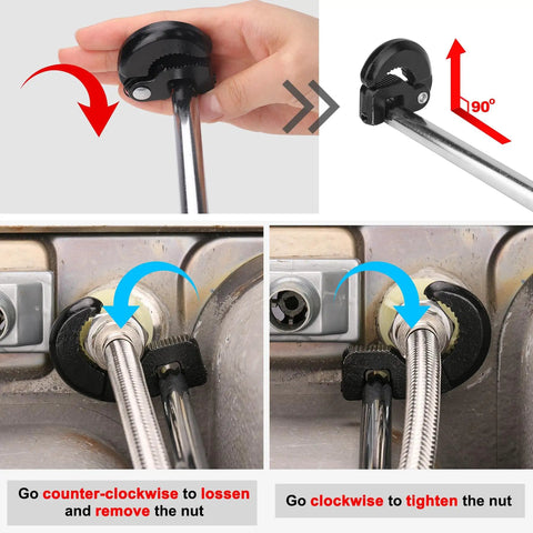 Adjustable Basin Wrench For Tight Spaces With Self Adjusting Gripping Jaws demonstrating usage under sink on faucet nut