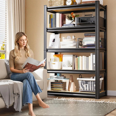 Beefy Heavy Duty Garage Shelving Set, 2-Pack, 5-Tier Metal Storage Racks, 71 Inch High, 35 Inch Wide, 15.7 Inch Deep, Adjustable Steel Shelves, Supports Up To 2050 Lbs Total, Perfect For Tools, Bins, And Bulk Items, in a living room with books and baskets
