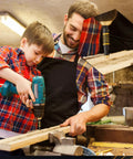 Father and son using MorningRo Self Centering Hinge Drill Bit Set 3 Pc for precise hinge holes in wood, focusing on DIY project.