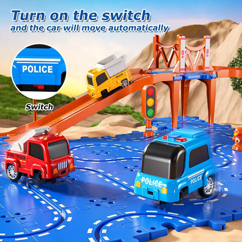 Fun-Filled 96 Piece Puzzle Track Car Set With 4 Tier Race Tracks showcasing cars on blue track with switch feature