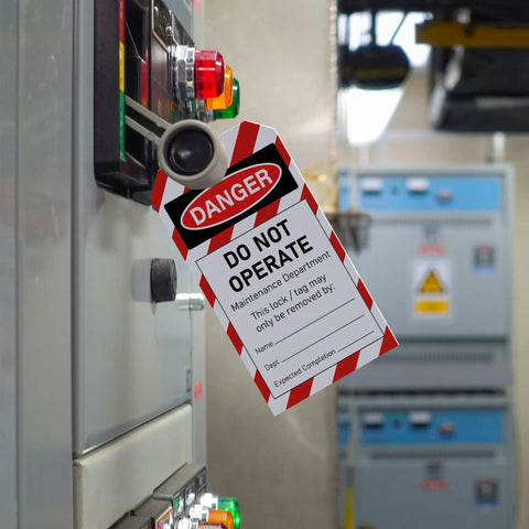 Lockout Tagout Kit Value Pack 50 Do Not Operate Tags And 50 Zip Ties For Quick Safe Lockout Procedures On Industrial Equipment Heavy Duty Easy To Hang Great For Worksites And Maintenance, red PVC tag on control panel