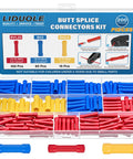 Pro Grade 200Pcs Butt Splice Connectors Kit For 22 10 AWG Wire, color-coded in red blue yellow with box open