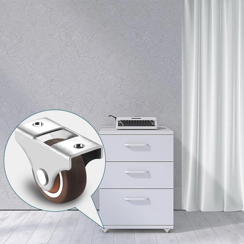 Fixed Caster Wheels Set 4 Pack 1.5 Inch Non Swivel Top Plate Rubber Casters installed on drawer unit, 38mm diameter, 30lb load capacity