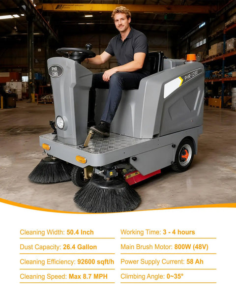 Tough As Nails Ride On Floor Sweeper With A Massive 50 Inch Sweep Path Big 26 Gallon Hopper And Dependable Brushless Motor for industrial cleaning.
